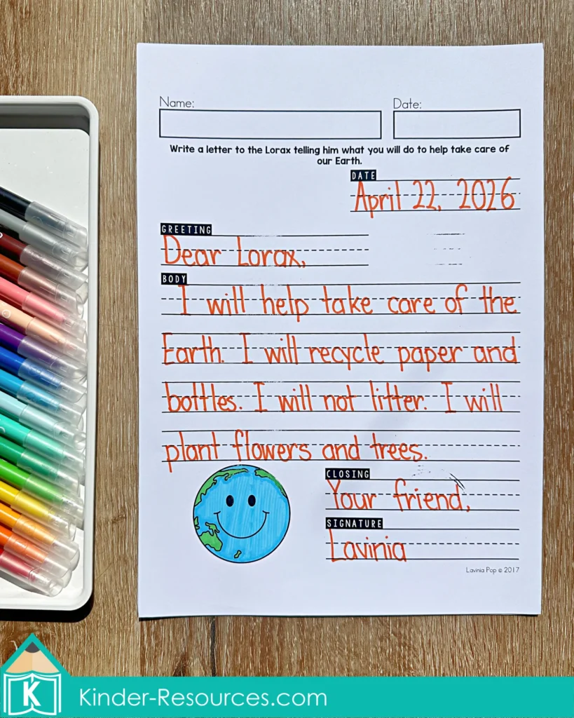 April Writing Journal Prompts Earth Day letter writing worksheet to the Lorax about recycling planting trees and helping the Earth