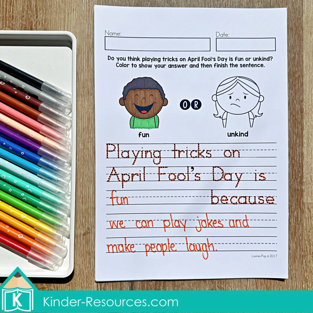 April Writing Journal Prompts April Fools Day opinion writing worksheet with fun or unkind sentence starter and student writing