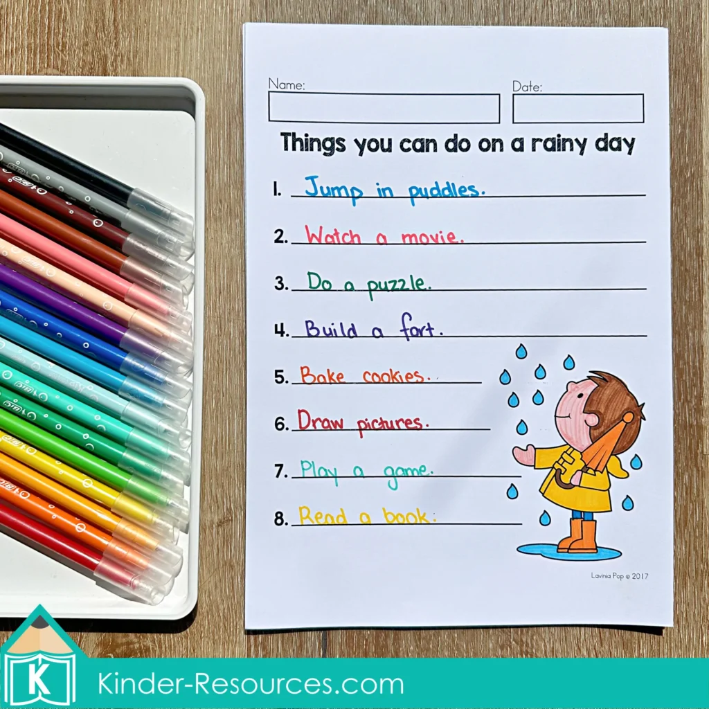 April Writing Journal Prompts list writing worksheet things you can do on a rainy day with simple student sentences