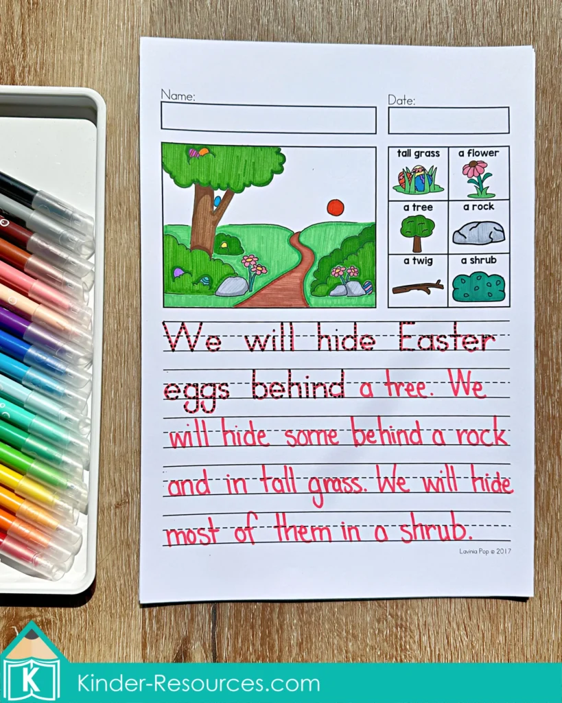 April Writing Journal Prompts sentence writing worksheet about hiding Easter eggs behind tree rock grass and shrub