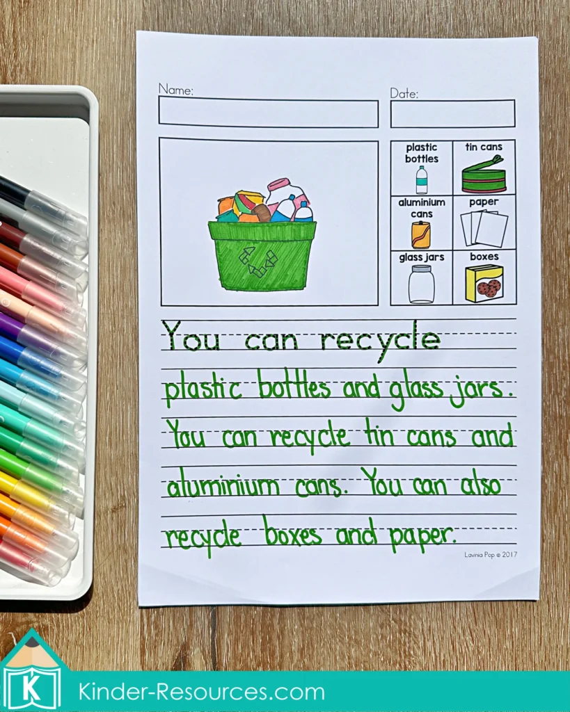 April Writing Journal Prompts recycling writing worksheet with sentence about plastic bottles tin cans glass jars paper and boxes