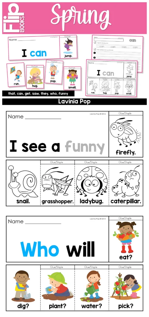 Spring Sight Word Flip Books for Kindergarten Fluency sentences “I see a funny firefly” and “Who will eat” with picture choices snail grasshopper ladybug caterpillar dig plant water pick