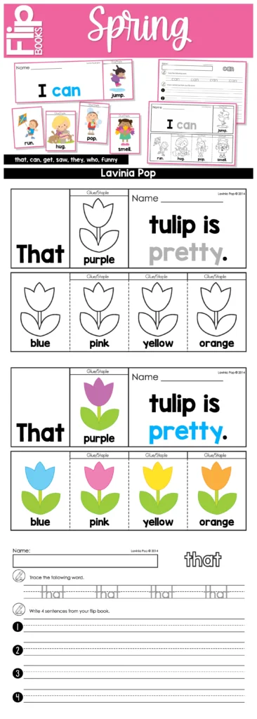 Spring Sight Word Flip Books for Kindergarten Fluency sentence “That tulip is pretty” with color choices blue pink yellow orange and sight word tracing worksheet for that