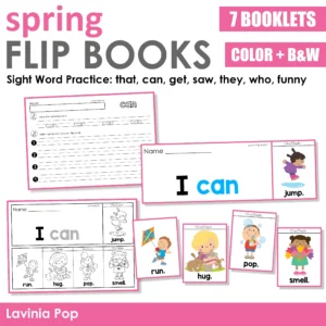 Spring Sight Word Flip Books for Kindergarten Fluency with mini book sentence “I can jump” and picture flip cards run hug pop smell