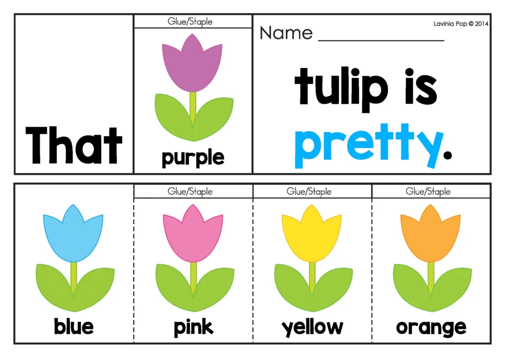 Spring Sight Word Flip Books for Kindergarten Fluency sentence “That tulip is pretty” with picture choices blue pink yellow orange tulips for color vocabulary practice
