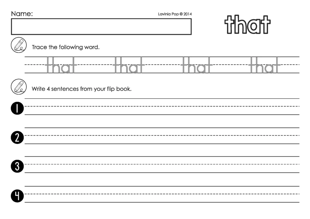 Spring Sight Word Flip Books for Kindergarten Fluency tracing worksheet for the sight word that with sentence writing practice lines