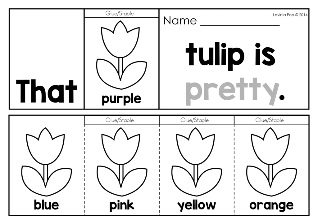 Spring Sight Word Flip Books for Kindergarten Fluency sentence “That tulip is pretty” with color choices purple blue pink yellow orange
