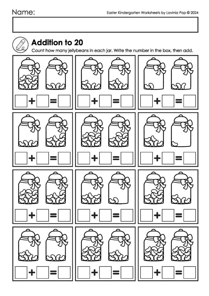 Easter kindergarten worksheets addition to 20 activity using jellybean jars for counting and adding