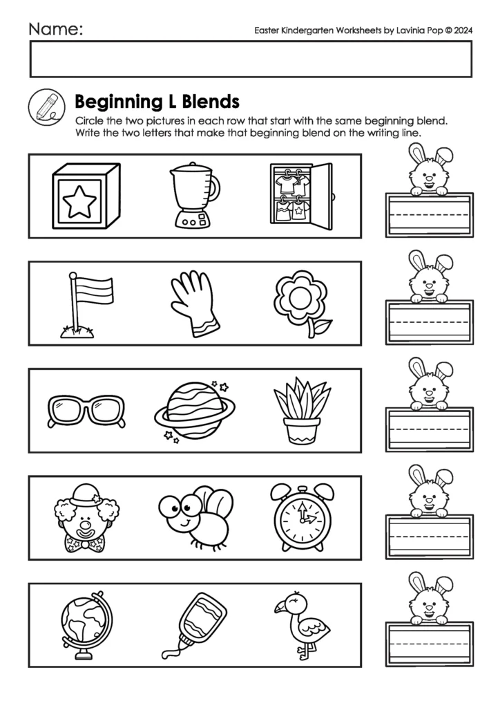 Easter kindergarten worksheets beginning L blends phonics activity with picture identification and writing practice