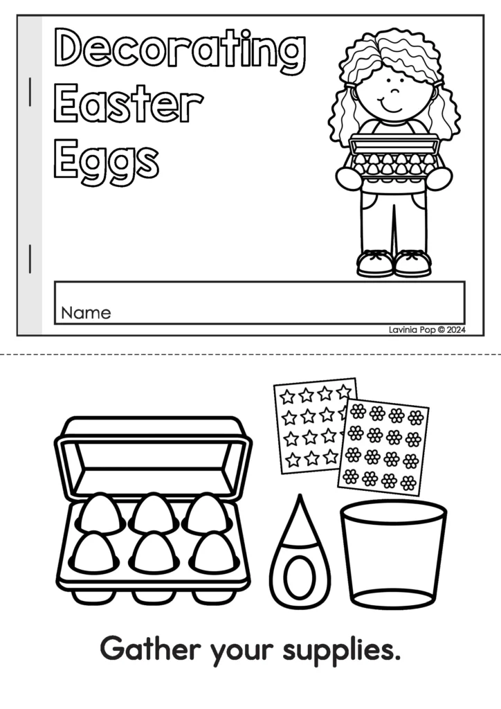 Easter kindergarten worksheets emergent reader black and white version with simple sentences and sequencing steps