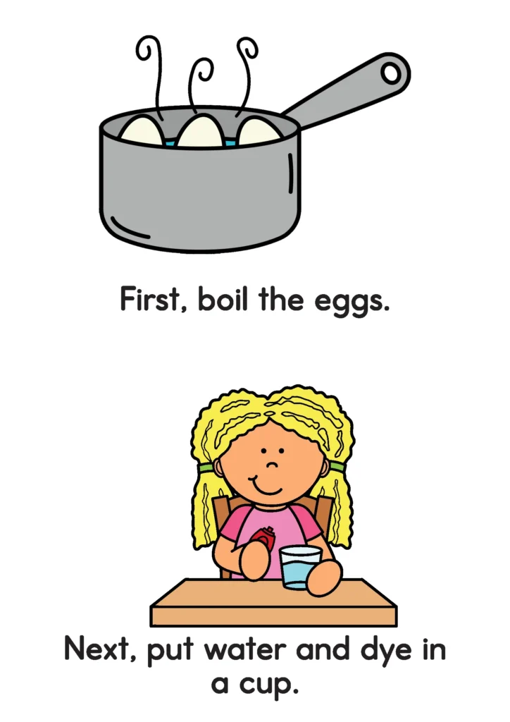 Easter kindergarten worksheets emergent reader color version showing step by step egg decorating sequence