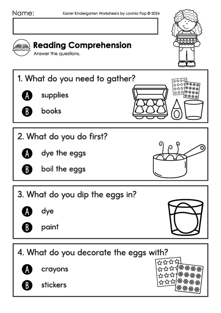 Easter kindergarten worksheets reading comprehension questions based on emergent reader about decorating eggs