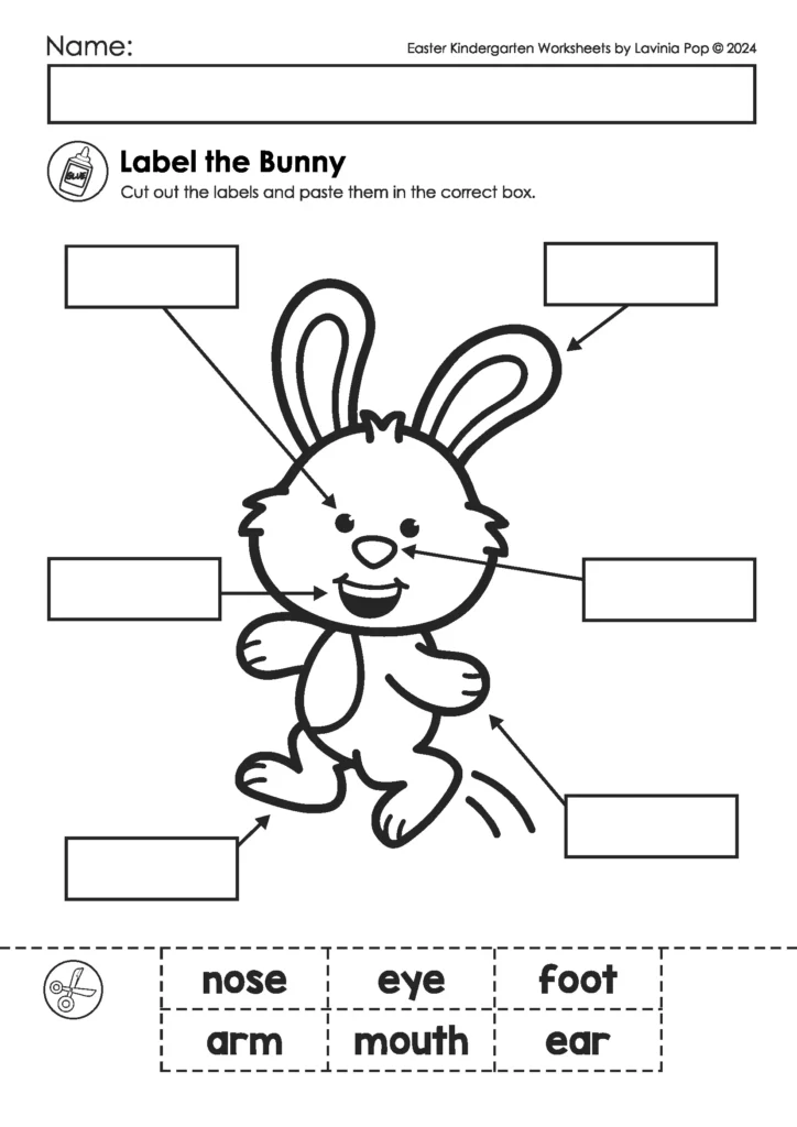 Easter kindergarten worksheets label the bunny activity with cut and paste body part vocabulary