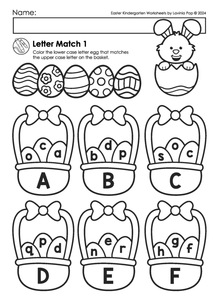 Easter kindergarten worksheets letter matching activity with uppercase baskets and lowercase eggs