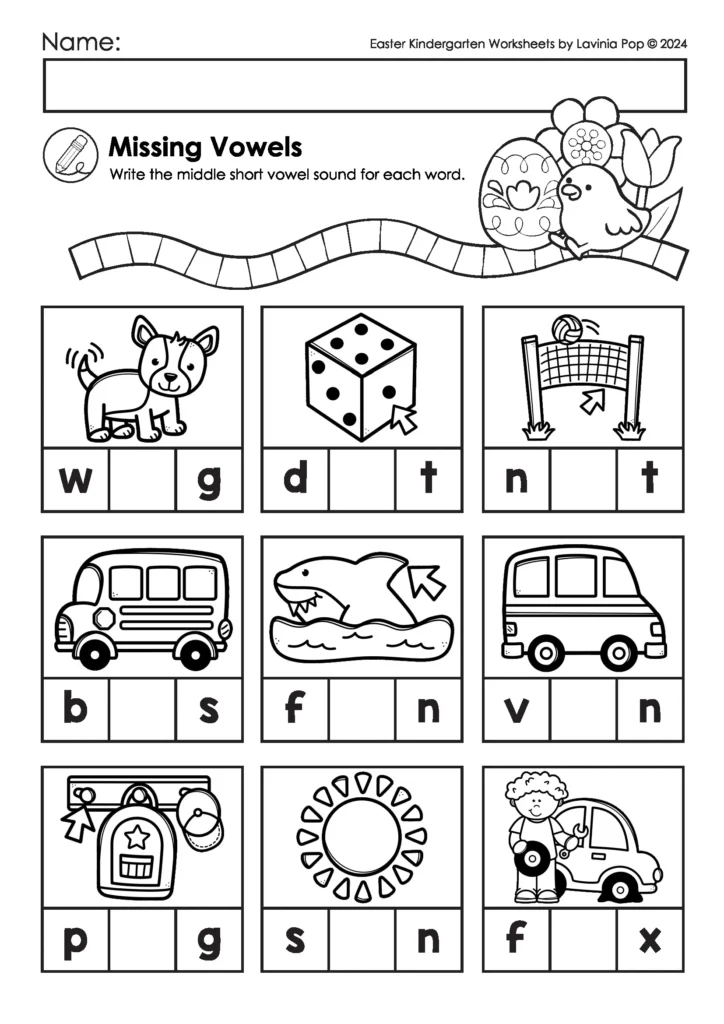 Easter kindergarten worksheets missing vowels activity with CVC words and picture clues