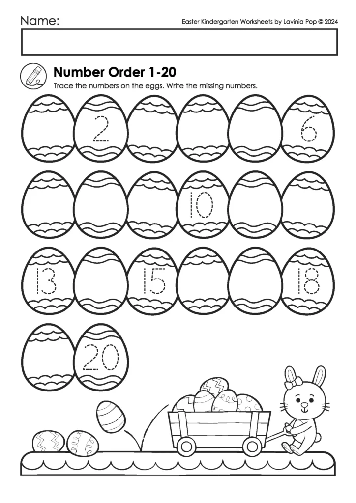 Easter kindergarten worksheets number order 1 to 20 with tracing and missing numbers on eggs