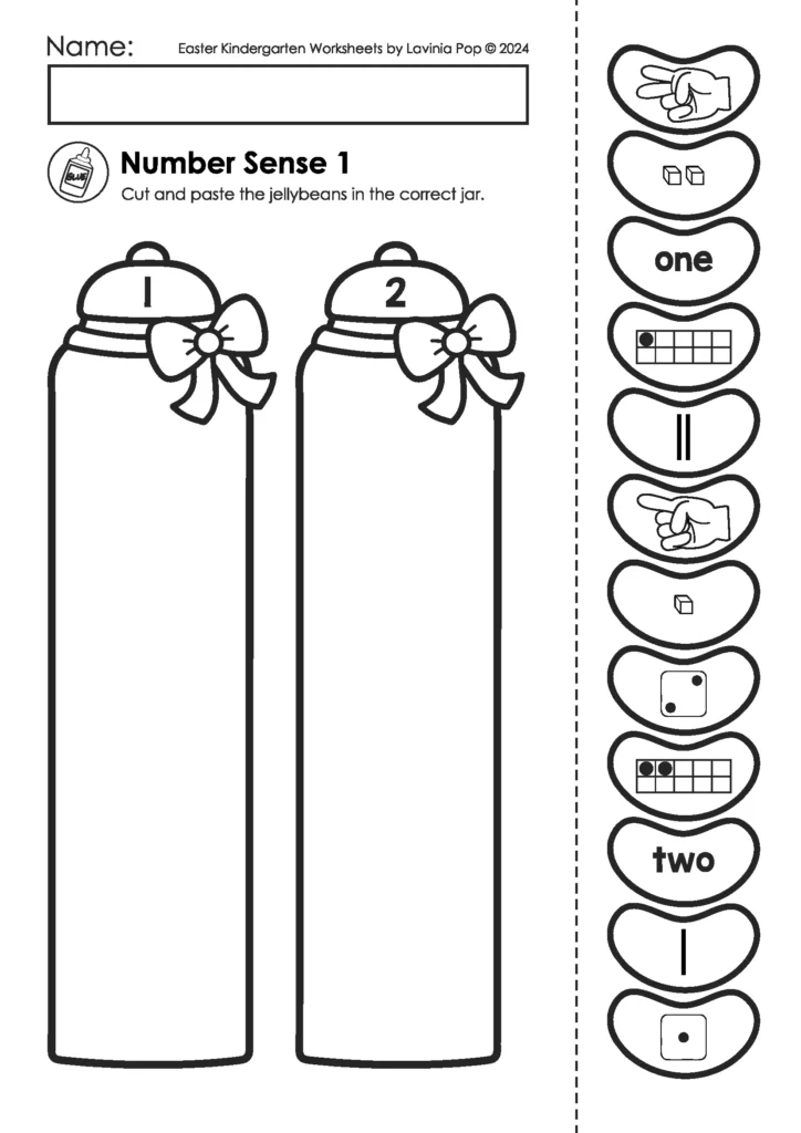 Easter kindergarten worksheets number sense activity with jellybeans and jars for numbers 1 and 2