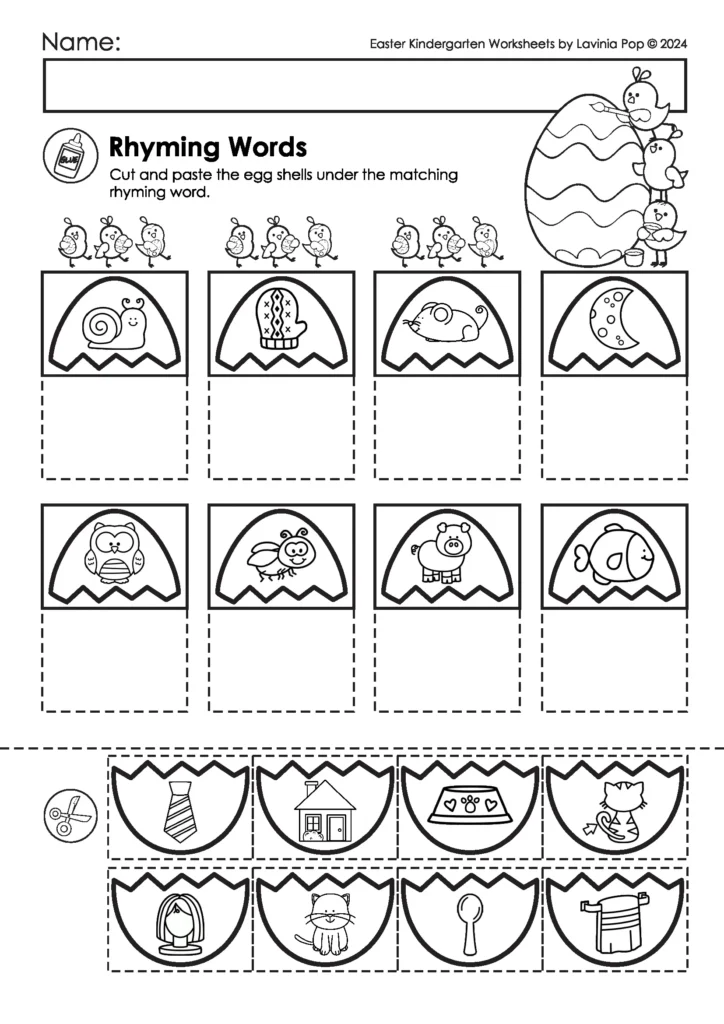 Easter kindergarten worksheets rhyming words activity with egg shells and picture matching