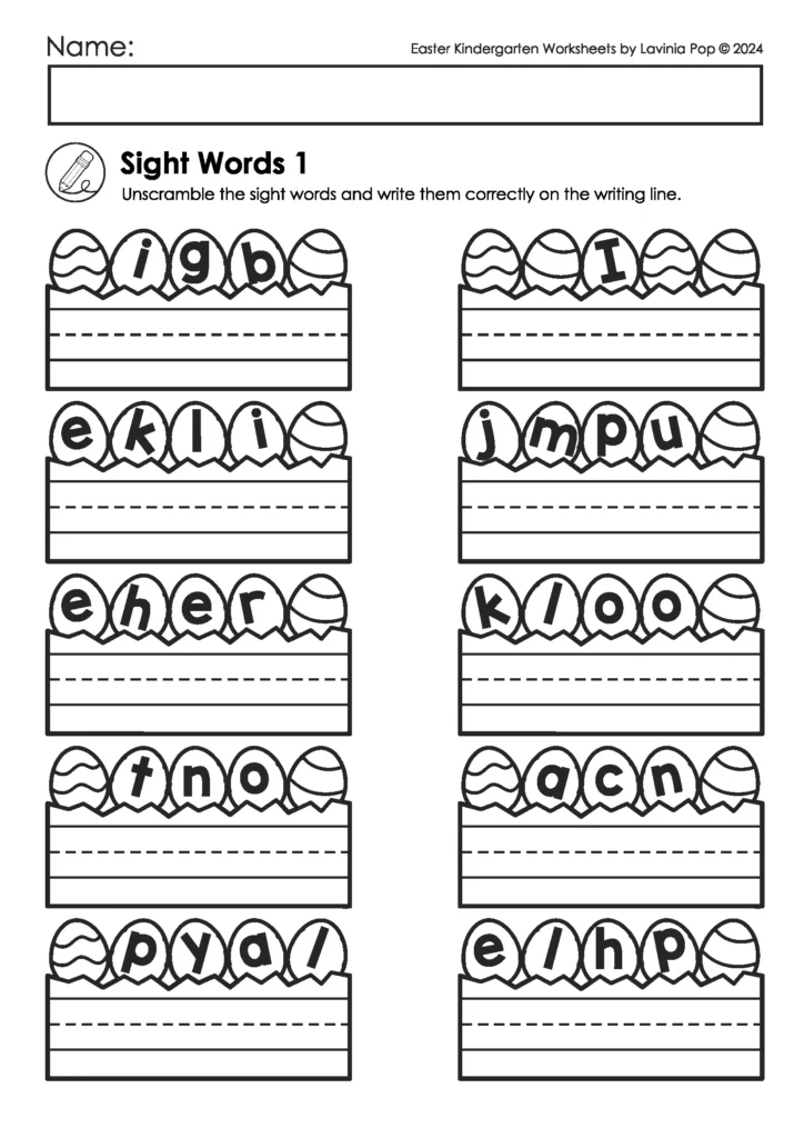 Easter kindergarten worksheets sight words unscramble activity with spring themed words