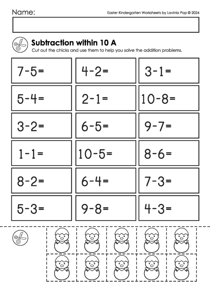 Easter kindergarten worksheets subtraction within 10 using chick cut and paste manipulatives