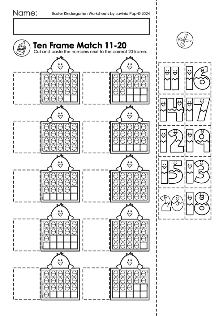 Easter kindergarten worksheets ten frame match activity for numbers 11 to 20 with cut and paste