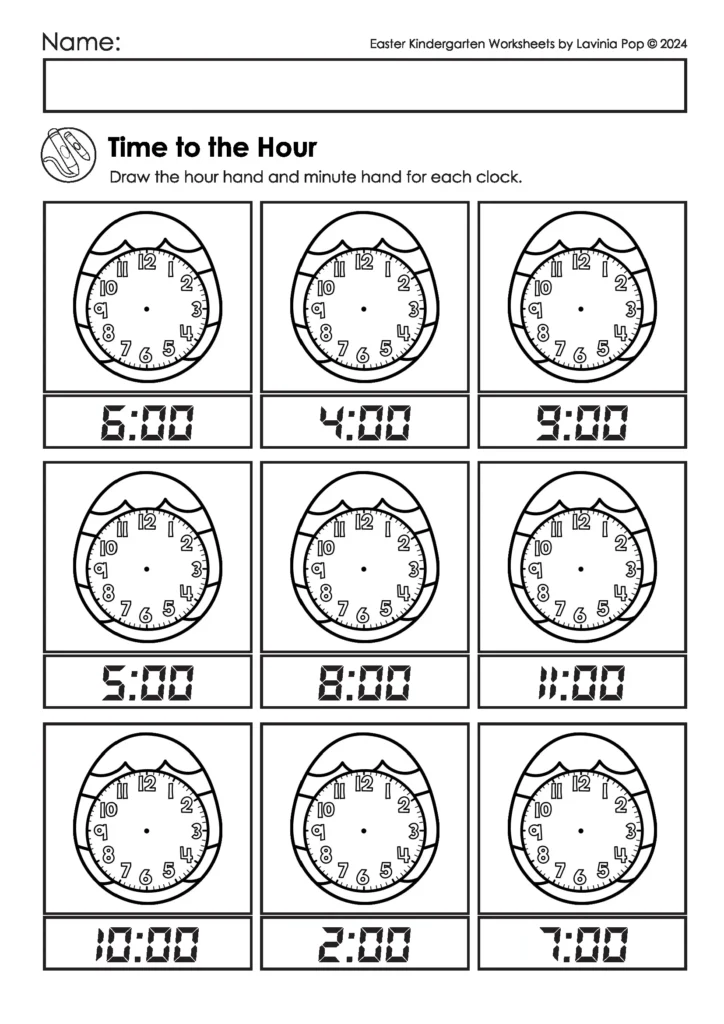 Easter kindergarten worksheets time to the hour activity with analog clocks and digital times