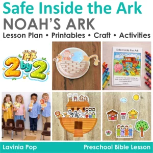 Printable Noah’s Ark preschool Bible lesson with craft, animal parade activity, sorting game, and take home booklet.
