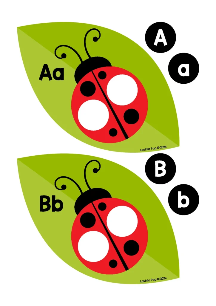 Ladybug alphabet match activity where preschool children match uppercase and lowercase letters in a bug themed literacy center.