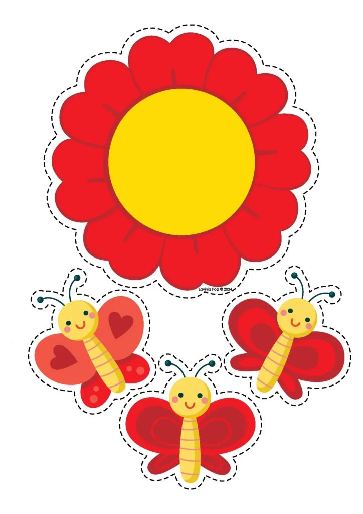 Red butterfly color sorting activity helping preschool children practice color recognition in a bug themed math center.