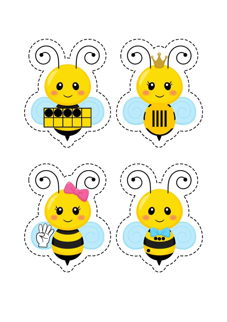 Preschool number sense activity with bees and a hive where children match quantities and number representations.