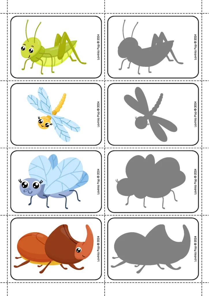 Insect shadow matching activity where preschool children match bug pictures to their silhouettes.