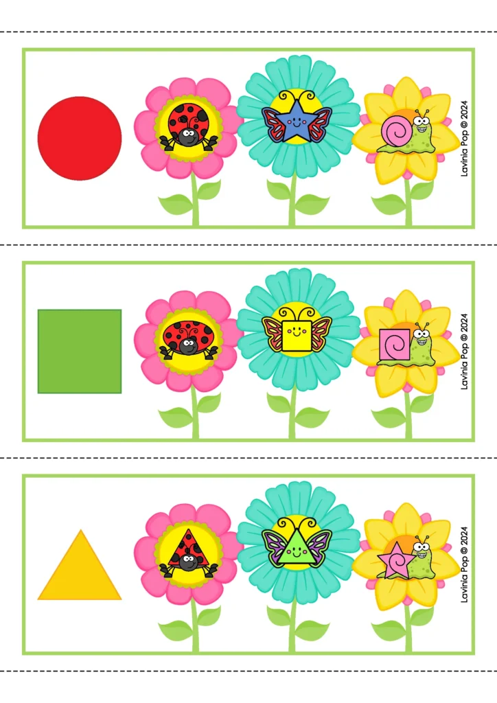 Bug themed shape matching activity where preschool children match shapes to insects on flowers in a math center.