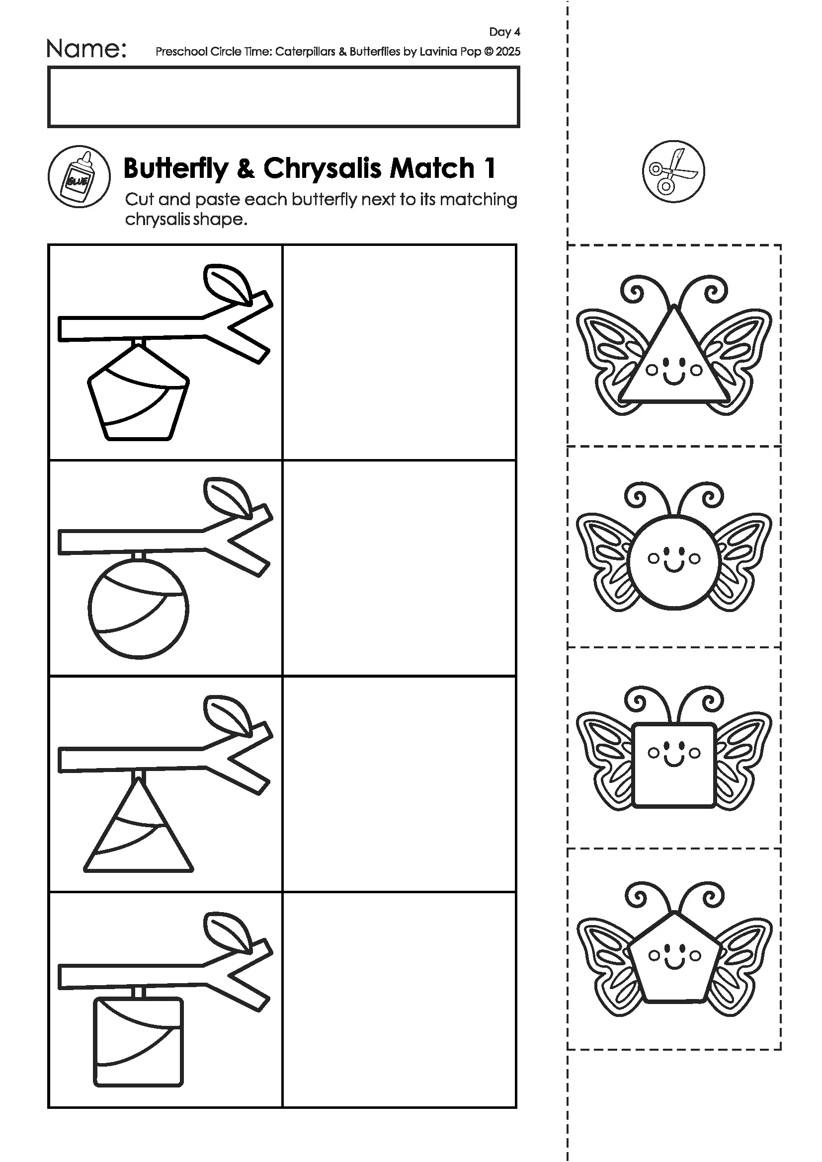 Caterpillars and Butterflies Preschool Circle Time Activities Butterfly Chrysalis Matching Worksheet Caterpillars and Butterflies Preschool Circle Time Activities butterfly chrysalis matching cut and paste worksheet for preschool life cycle activity