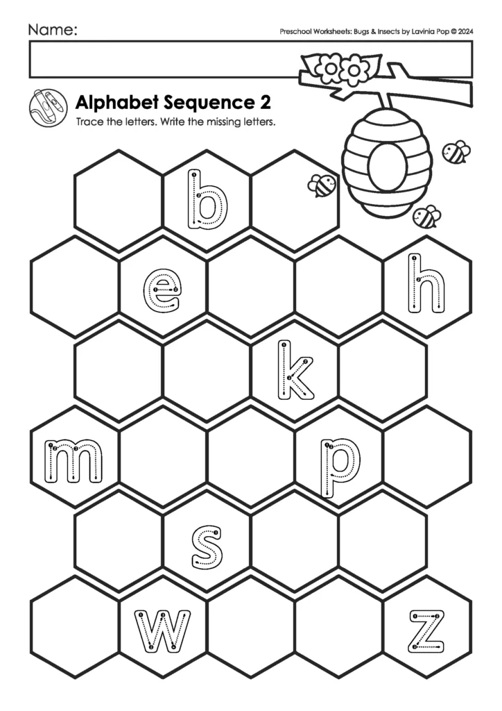 Bugs & Insects Preschool Worksheets and Activities alphabet sequence worksheet with honeycomb letter tracing