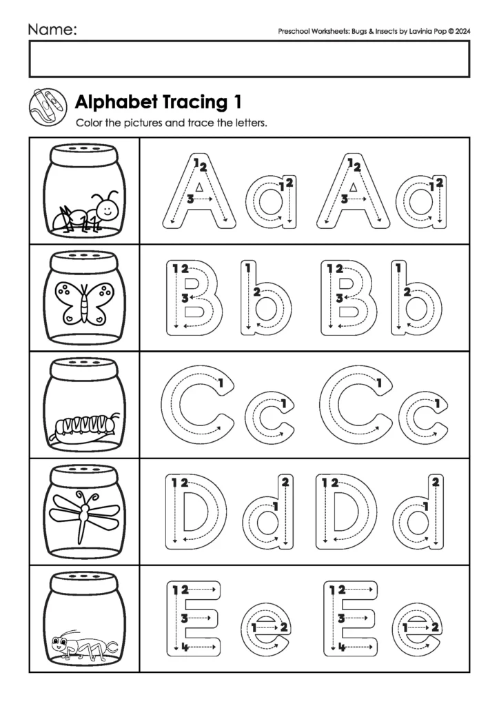 Bugs & Insects Preschool Worksheets and Activities alphabet tracing worksheet with insect pictures