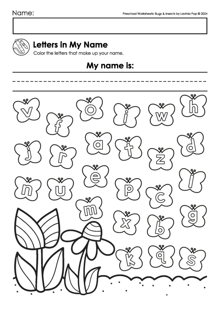 Bugs & Insects Preschool Worksheets and Activities letters in my name worksheet for preschool alphabet practice