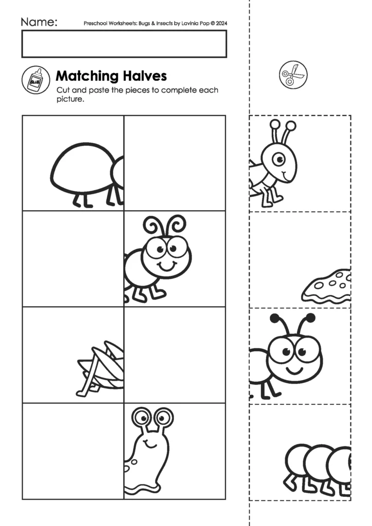 Bugs & Insects Preschool Worksheets and Activities cut and paste matching bug halves puzzle worksheet