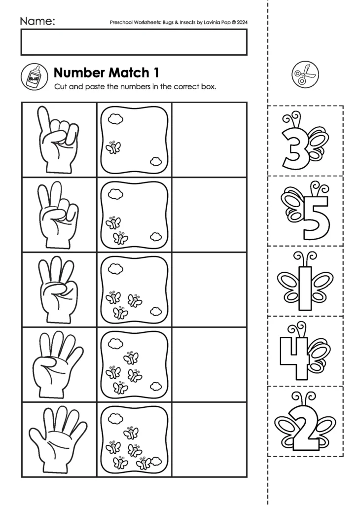 Bugs & Insects Preschool Worksheets and Activities cut and paste number match counting worksheet