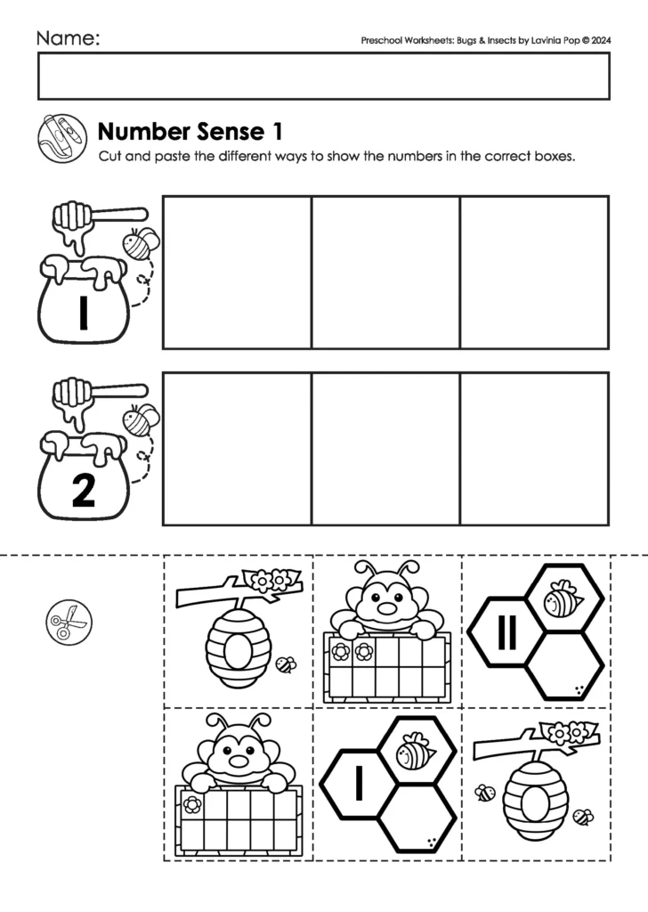 Bugs & Insects Preschool Worksheets and Activities number sense cut and paste math worksheet