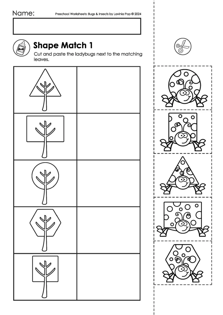 Bugs & Insects Preschool Worksheets and Activities shape matching cut and paste worksheet