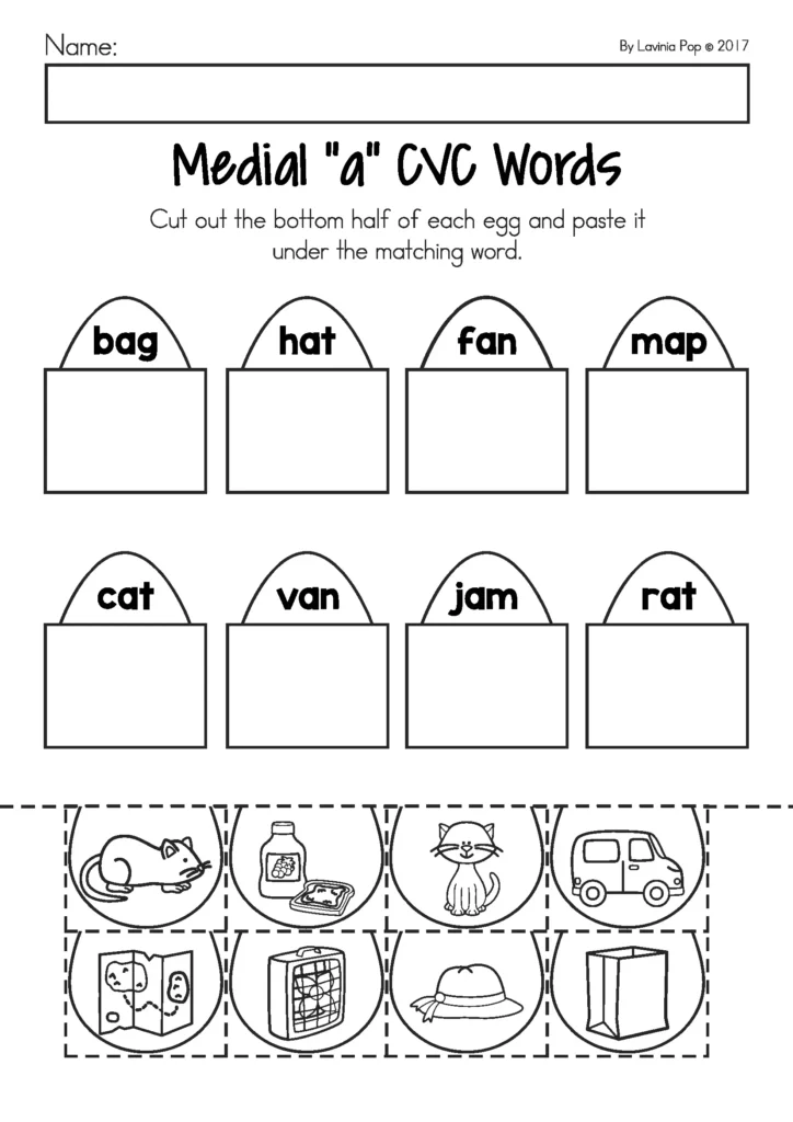 Easter Preschool Worksheets and Activities No Prep medial a CVC words cut and paste worksheet