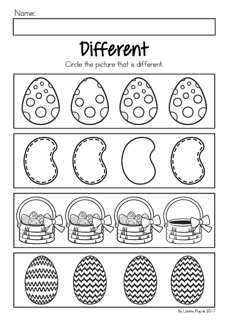 Easter Preschool Worksheets and Activities No Prep visual discrimination find the different picture worksheet