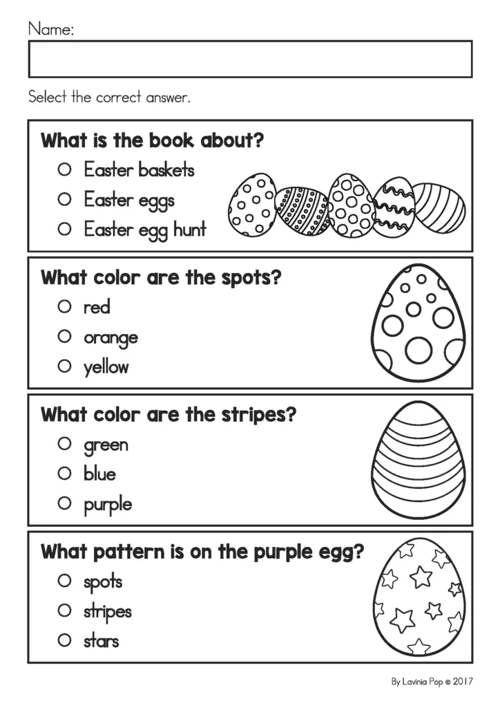 Easter Preschool Worksheets and Activities No Prep reading comprehension questions Easter eggs worksheet