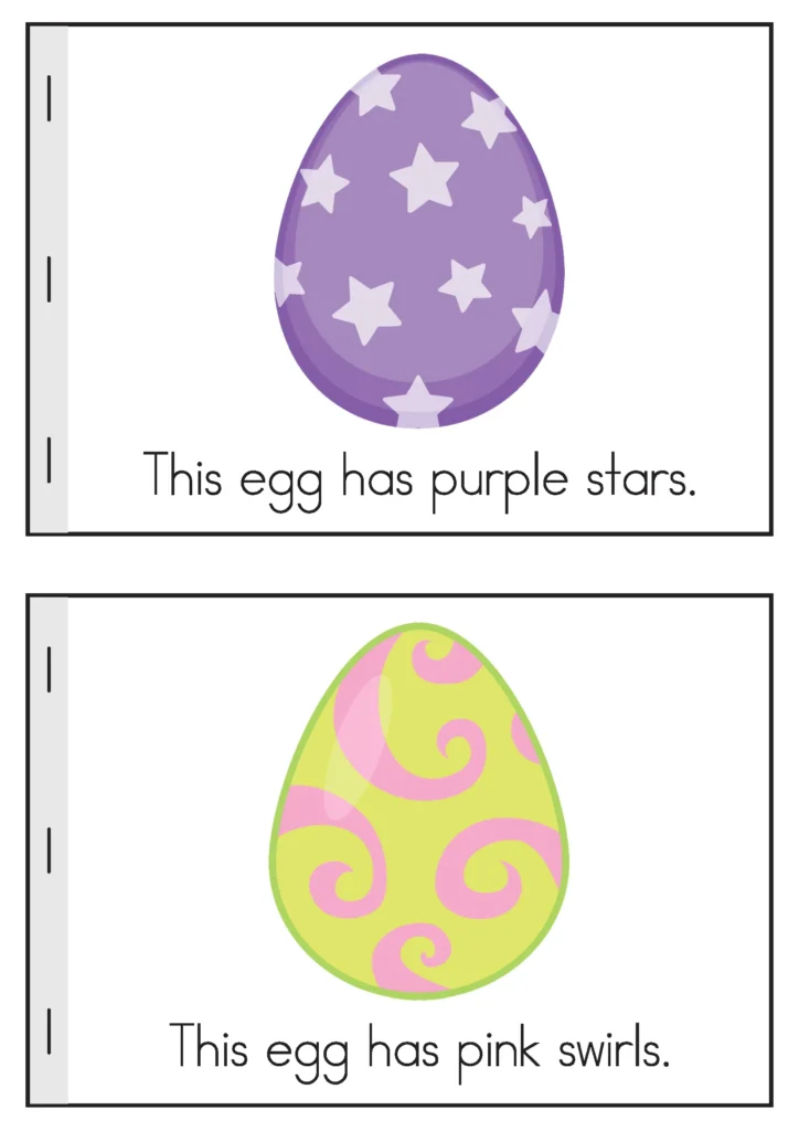 Easter Preschool Worksheets and Activities No Prep emergent reader color page describing egg patterns