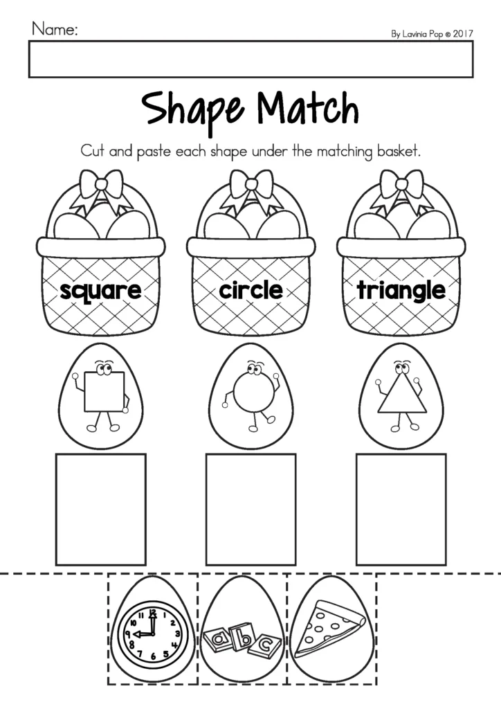 Easter Preschool Worksheets and Activities No Prep shape matching cut and paste square circle triangle worksheet