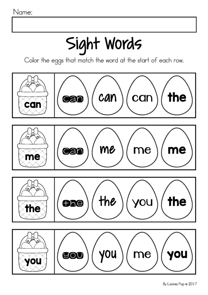 Easter Preschool Worksheets and Activities No Prep sight words matching worksheet for can me the you