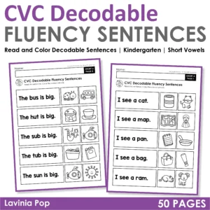 CVC Decodable Fluency Sentences worksheets with short vowel sentence reading and picture matching activity pages for kindergarten students