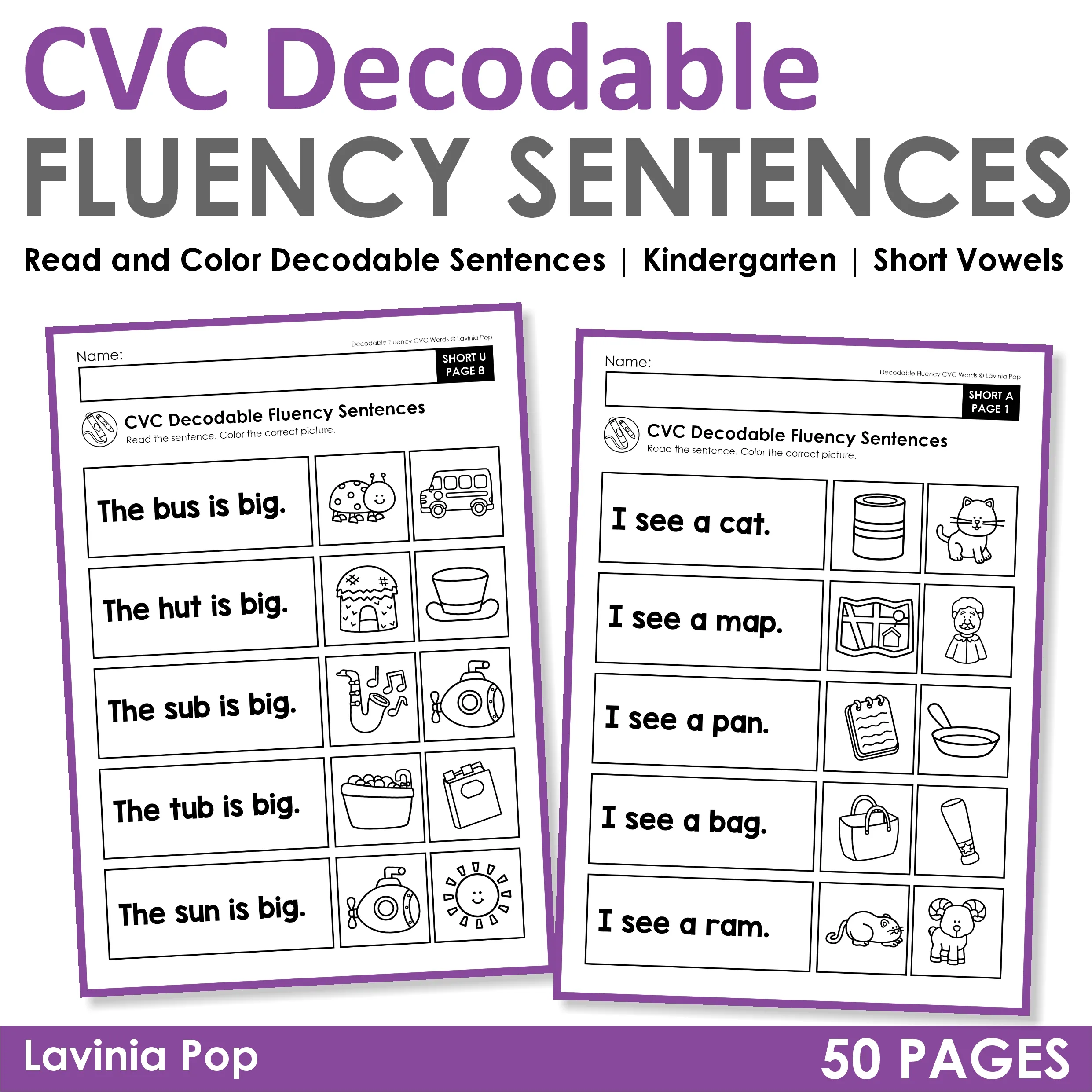CVC Decodable Fluency Sentences Worksheets Kindergarten Short Vowel Fluency Practice CVC Decodable Fluency Sentences worksheets with short vowel sentence reading and picture matching activity pages for kindergarten students