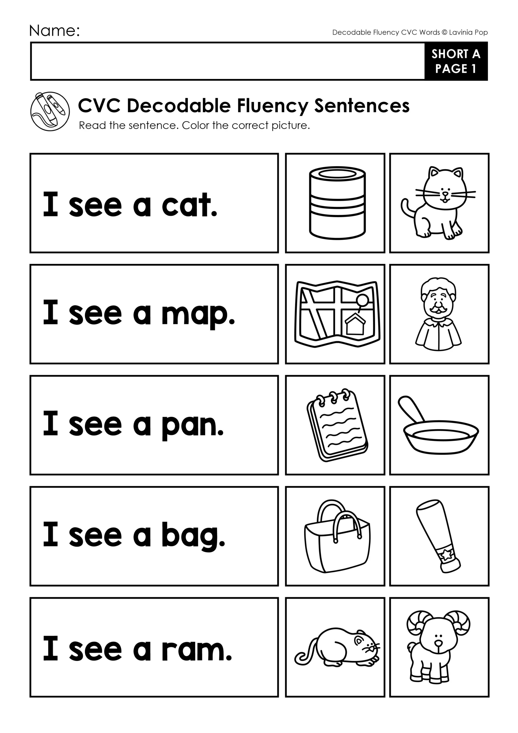 CVC Decodable Fluency Sentences Short A Worksheets Read and Color Kindergarten CVC Decodable Fluency Sentences short a worksheet with sentences I see a cat I see a map I see a pan and picture matching activity