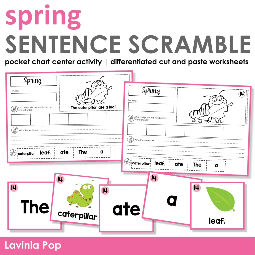 Spring Sentence Building Activities for Kindergarten sentence scramble pocket chart center and cut and paste worksheet activity